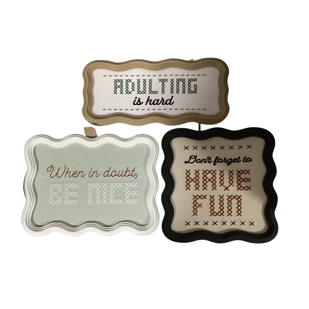 Set of 3 Framed Cross Stitch Signs Adulting is Hard Be Nice Have Fun